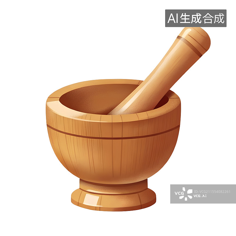 【AI数字艺术】国风手绘插画，研钵，木制研磨器，捣药罐，臼和杵。中医中药图片素材