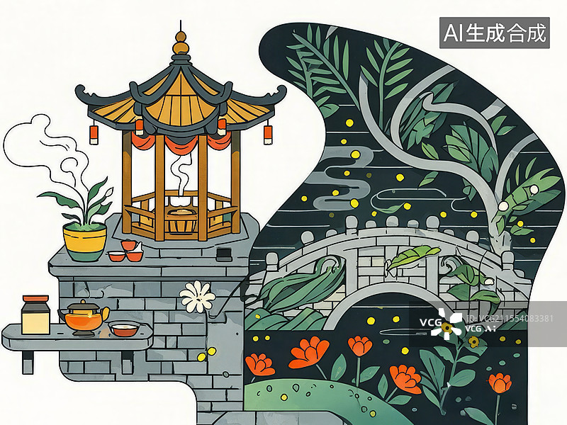 【AI数字艺术】孟婆亭手绘插画：孟婆汤与荧光绿雾的幽冥往生场景图片素材