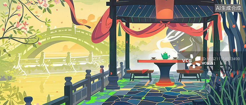 【AI数字艺术】孟婆亭手绘插画：孟婆汤与荧光绿雾的幽冥往生场景图片素材