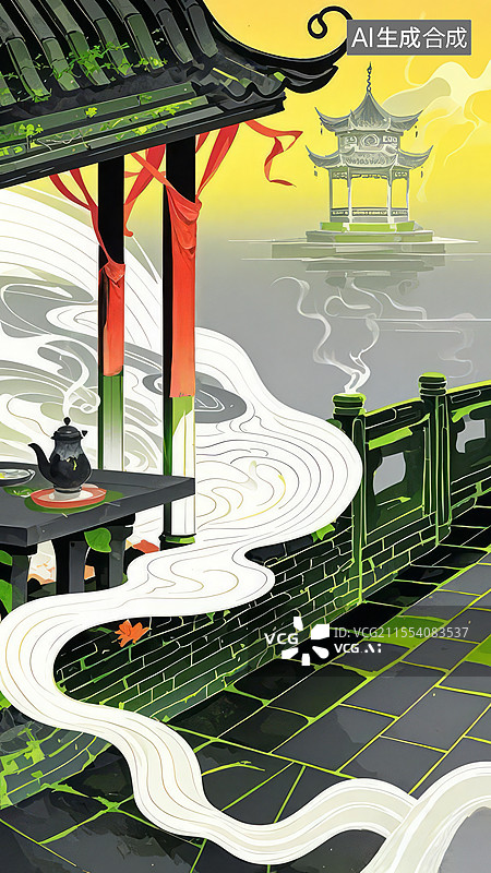 【AI数字艺术】孟婆亭手绘插画：孟婆汤与荧光绿雾的幽冥往生场景图片素材