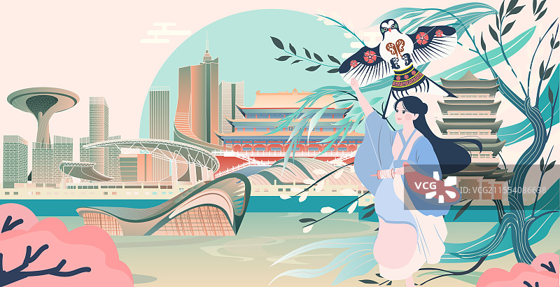 合肥二十四节气立春春分清明城市建筑横版矢量插画图片素材