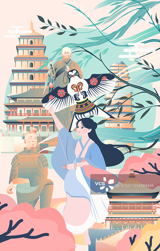 西安二十四节气立春春分清明城市建筑竖版矢量插画图片素材