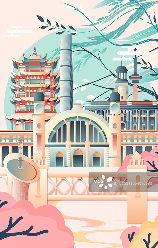 武汉二十四节气立春春分清明城市建筑竖版矢量插画图片素材