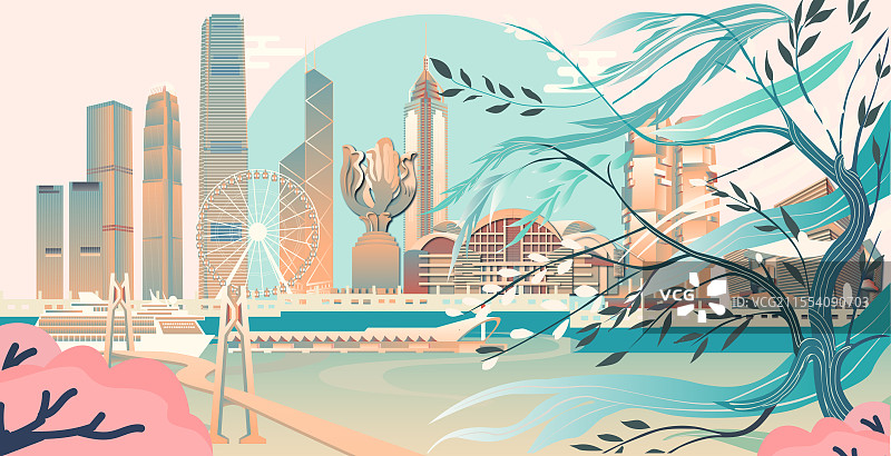 香港二十四节气立春春分清明城市建筑横版矢量插画图片素材