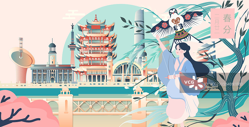 武汉二十四节气立春春分清明城市建筑横版矢量插画图片素材