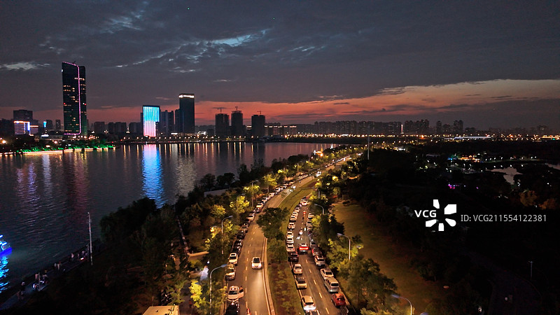 西安浐灞 后海 晚霞 航拍图片素材