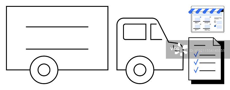 带有清单和店面图标的送货卡车图片素材