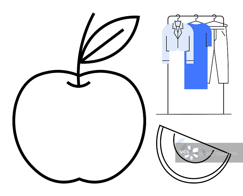 苹果轮廓的衣服挂在衣架上，旁边有一片西瓜。图片素材