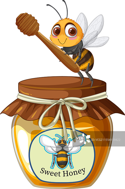 可爱的蜜蜂手持蜂蜜勺在蜜罐上图片素材