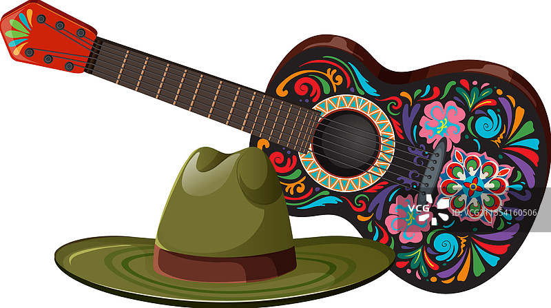 色彩鲜艳的吉他与传统墨西哥帽子图片素材