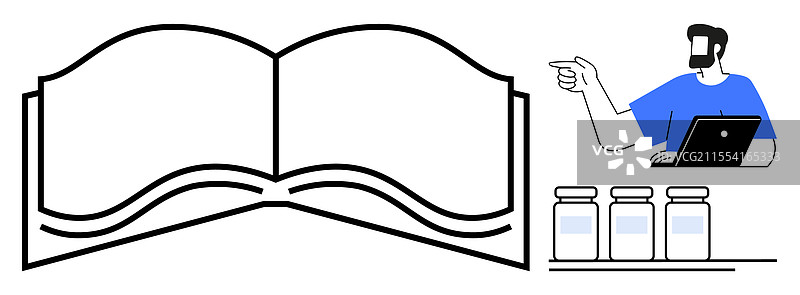 打开的书籍，男人指着笔记本电脑屏幕图片素材