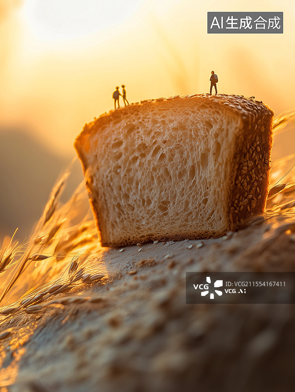 【AI数字艺术】微观世界一群小人偶站在面包上图片素材