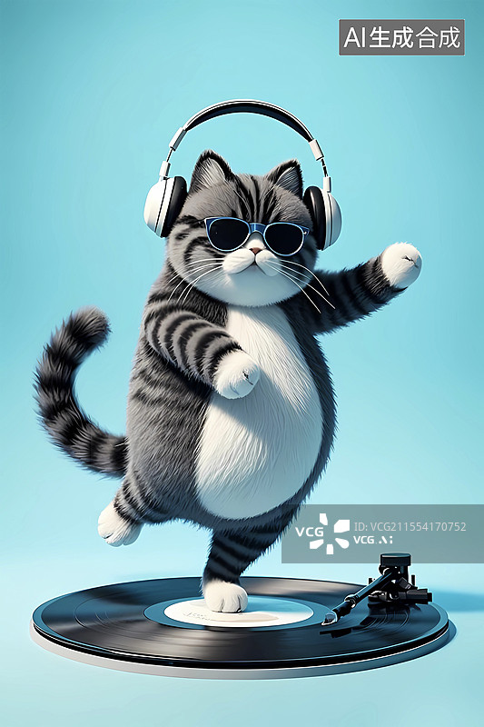 【AI数字艺术】可爱卡通小肥猫在唱片机跳舞图片素材