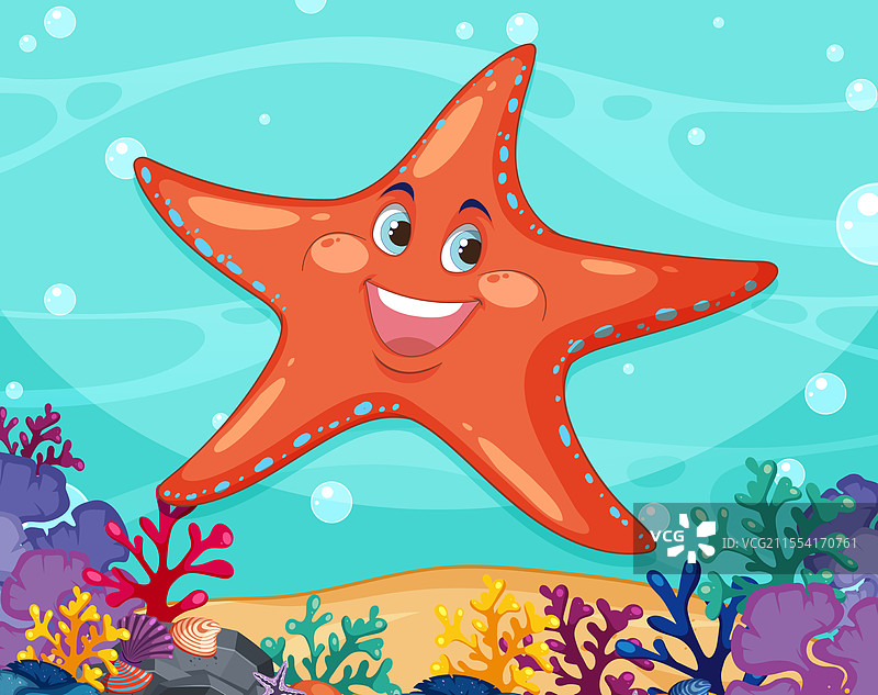 微笑的海星被五彩缤纷的物体包围图片素材