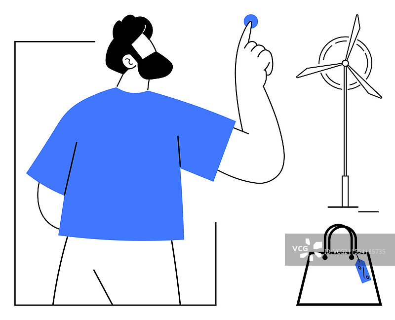 男人指着风力发电机和购物袋图片素材