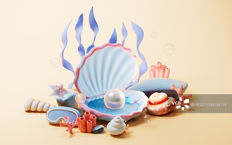 卡通风格海底贝壳生物背景三维渲染图片素材