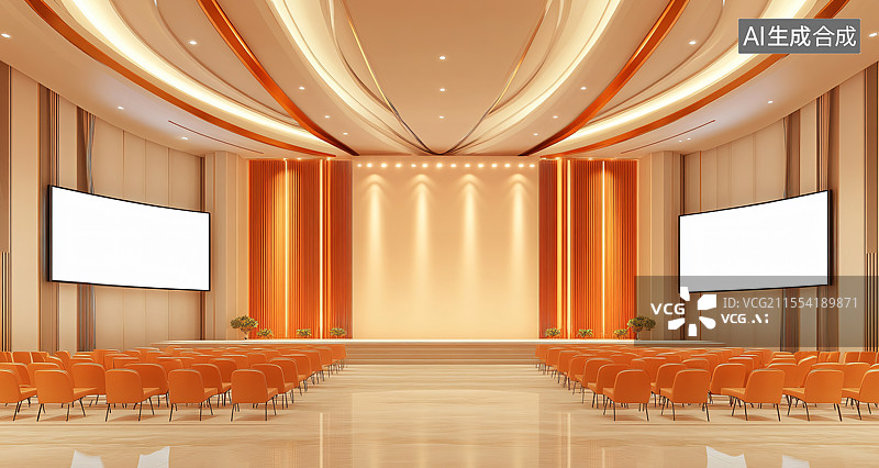 【AI数字艺术】空旷的发布会舞台，巨大的橙色屏幕营造出温暖而富有动感的氛围，适用于产品发布、企业演示和商业活动。简约图片素材