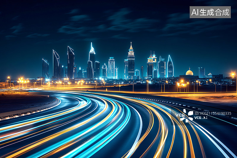 【AI数字艺术】繁华的夜晚城市景观，中央商务区（CBD）高楼灯火辉煌，展现都市发展、现代建筑和大都市的活力氛围。璀璨图片素材