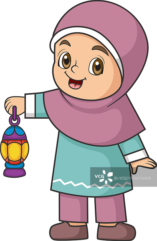 快乐的年轻穆斯林女孩手持斋月灯笼图片素材