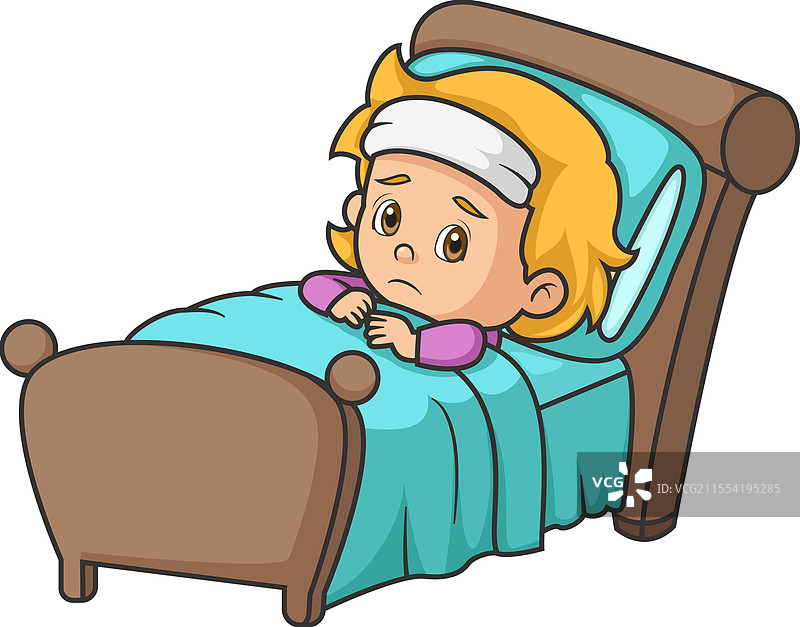 生病的可爱女孩躺在床上，感觉很糟糕。图片素材