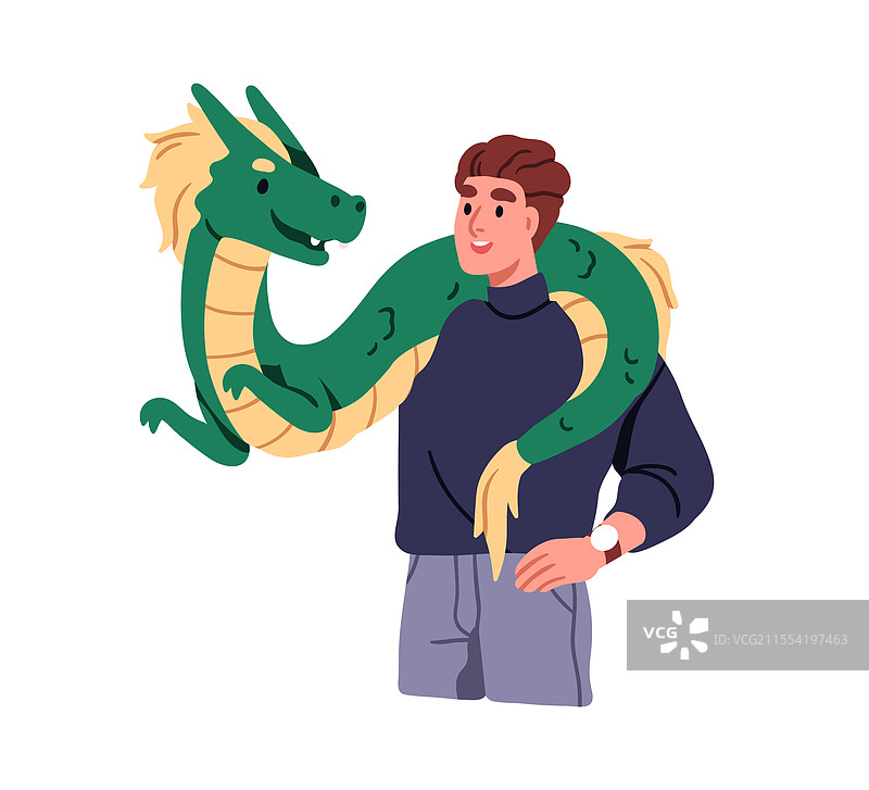 男人肩膀上托着一只龙木偶图片素材