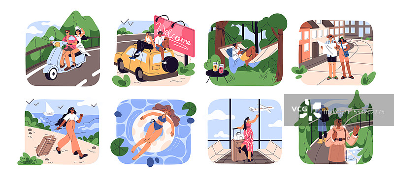 旅游场景，游客们带着行李出行图片素材