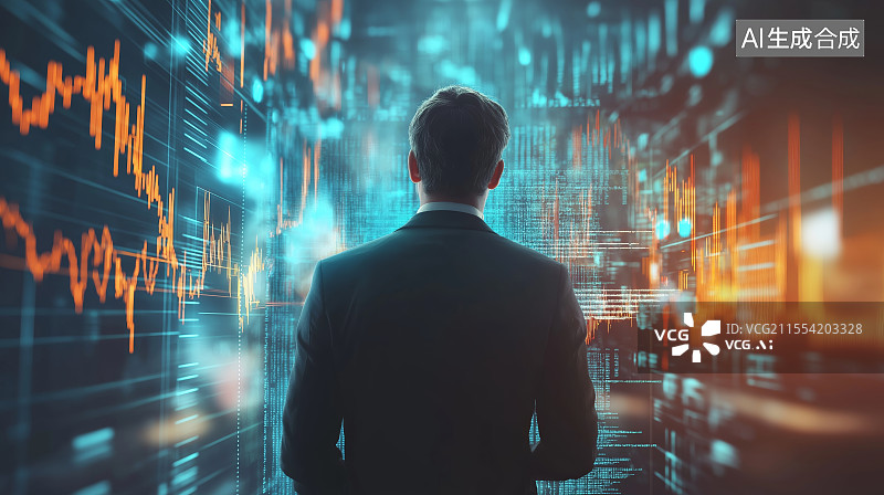 【AI数字艺术】一位身穿西装的男子凝视着未来科技感金融股票期货交易图表抽象背景图片素材