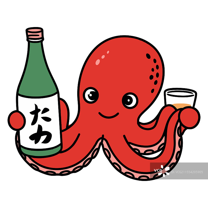 可爱的章鱼拿着清酒瓶和酒杯图片素材
