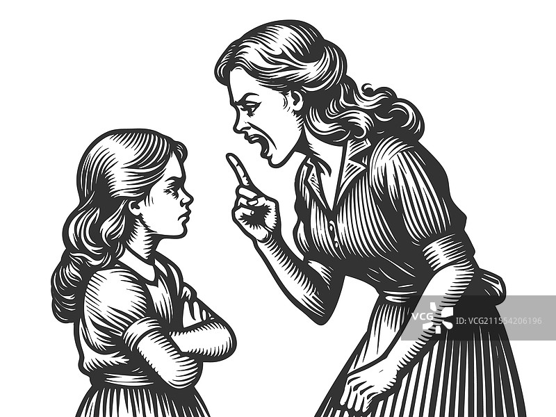 母亲训斥女儿的雕刻素描图片素材