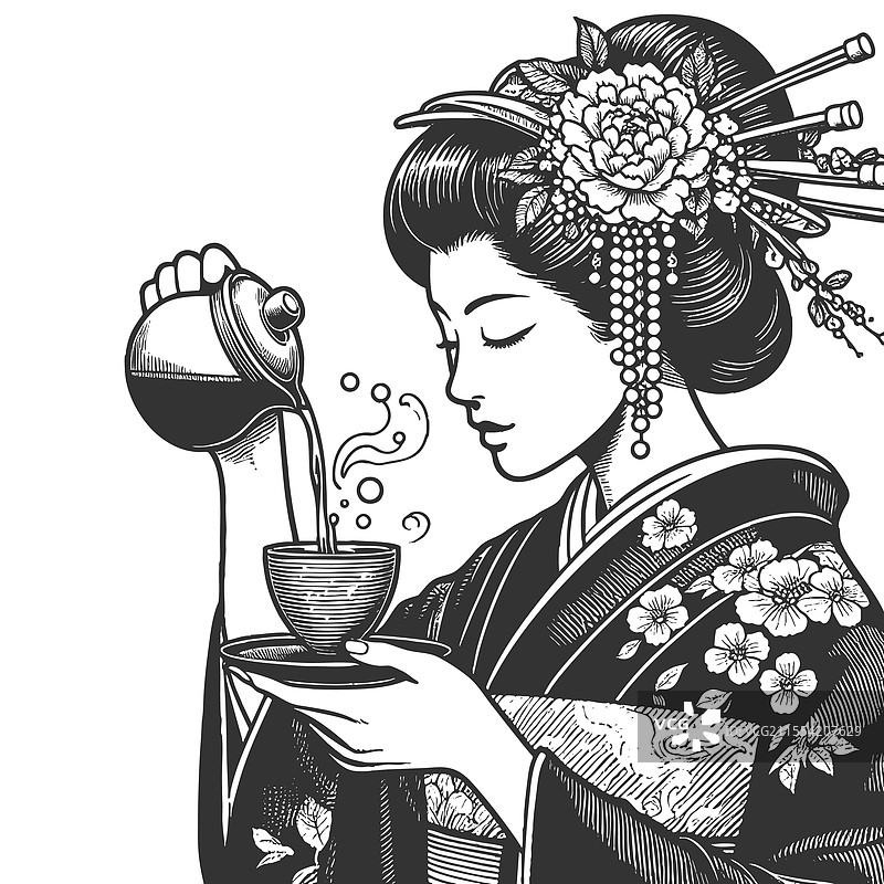 艺伎倒茶的雕刻图片素材