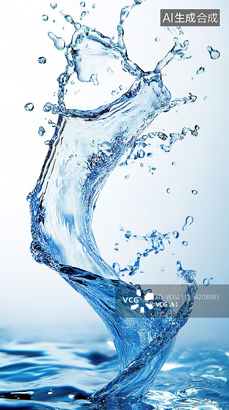 【AI数字艺术】蓝白背景上的动感水花飞溅功能饮料纯净水饮料创意包装广告动态捕捉的液体效果和动态光效海报图片素材