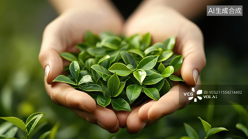 【AI数字艺术】掌心里的翠绿茶香图片素材