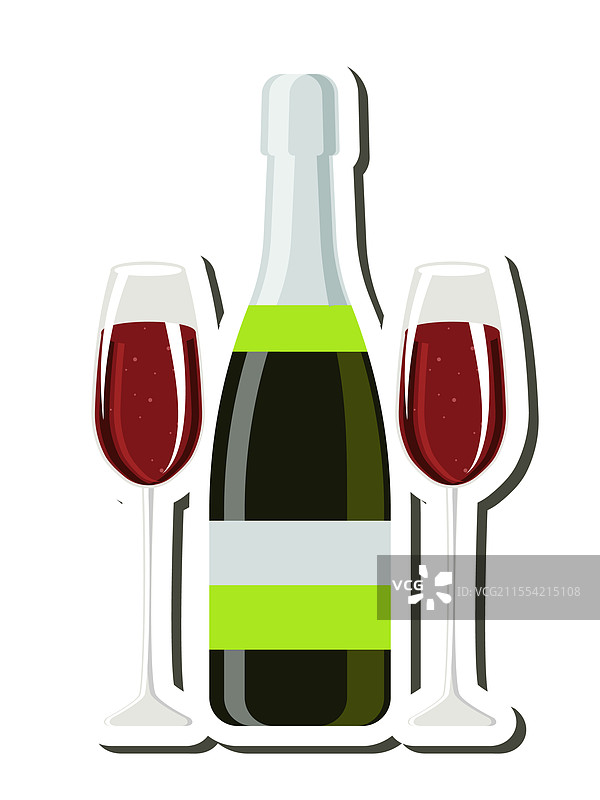 一瓶起泡红酒和两个酒杯图片素材