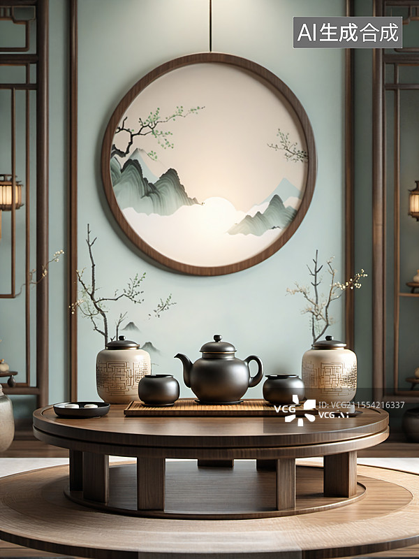 【AI数字艺术】简约新中式风格客厅的茶几和传统茶文化室内空间图片素材