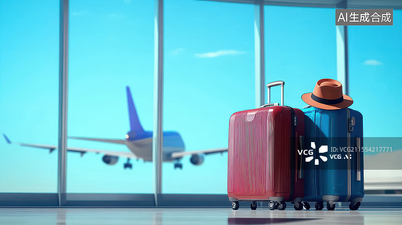 【AI数字艺术】机场的旅行箱与起飞的飞机图片素材