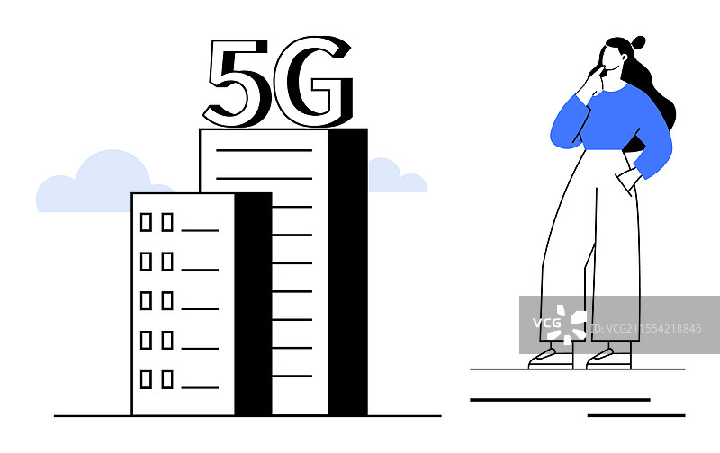 女人在5G塔楼旁思考图片素材
