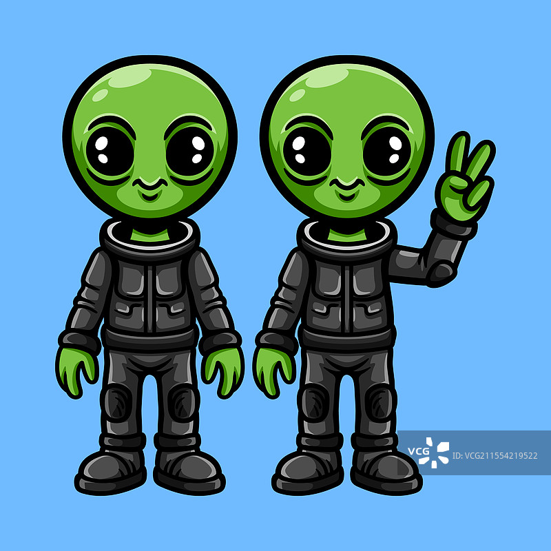 有趣的穿着西装的双胞胎外星人做出和平手势，色彩鲜艳图片素材