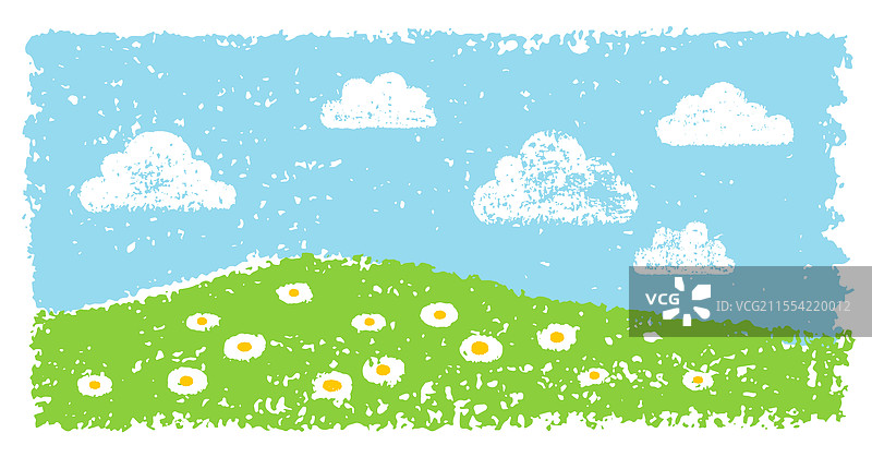 草地和天空背景的蜡笔儿童风景图片素材