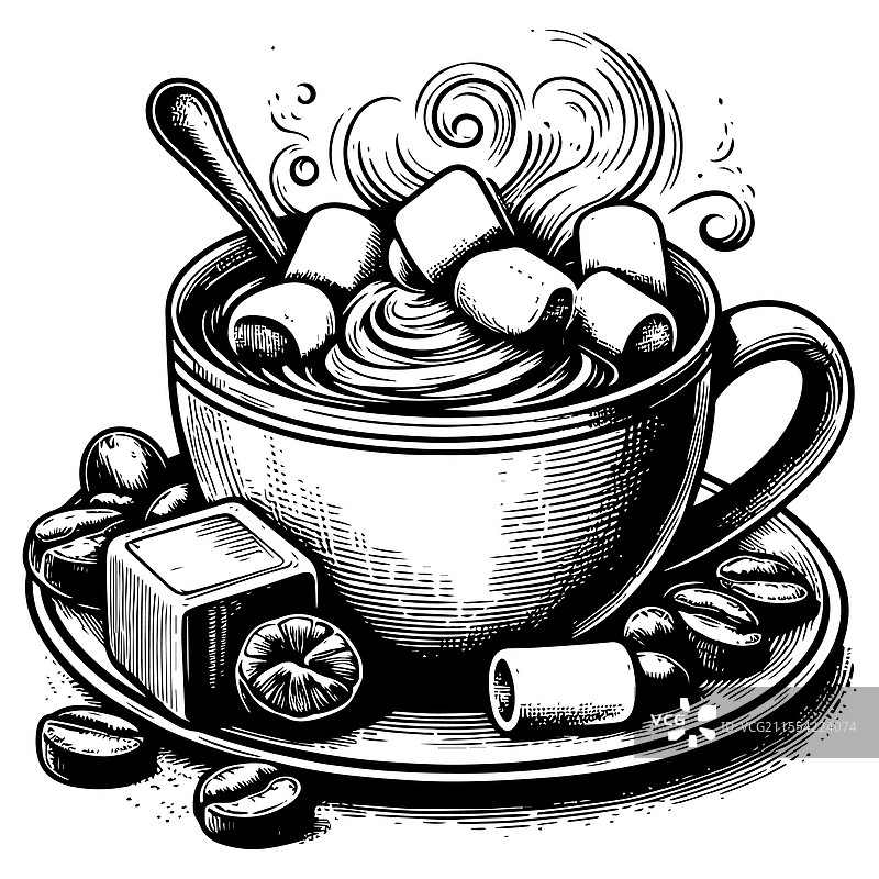 带有棉花糖的热巧克力雕刻图片素材