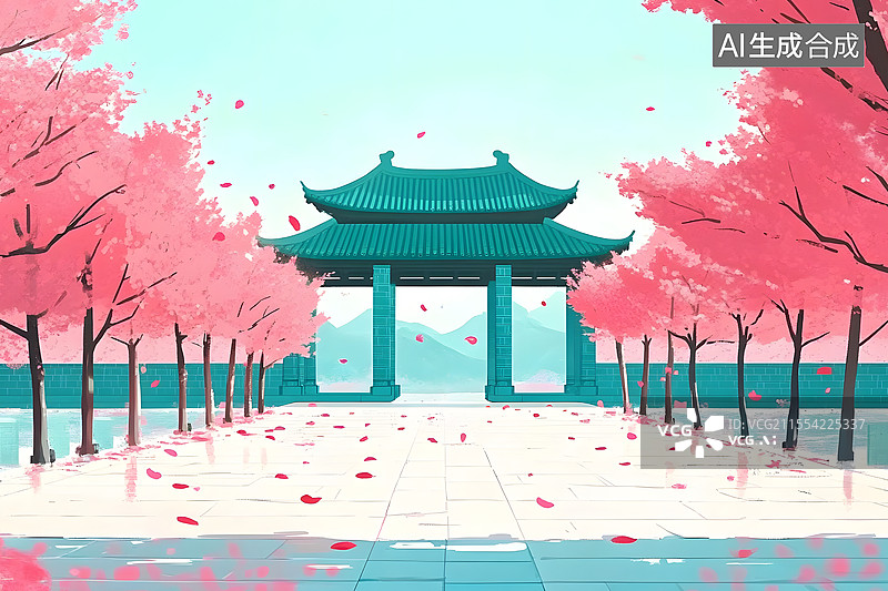 【AI数字艺术】立春樱花古建筑背景图图片素材
