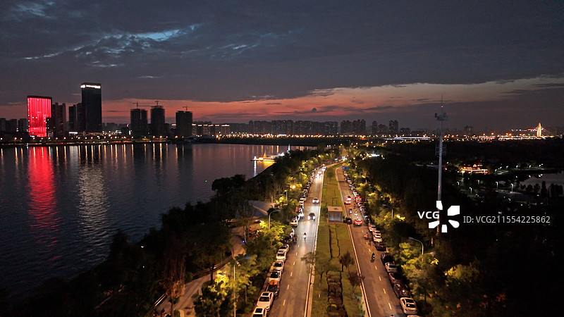 西安浐灞 后海 晚霞 航拍图片素材