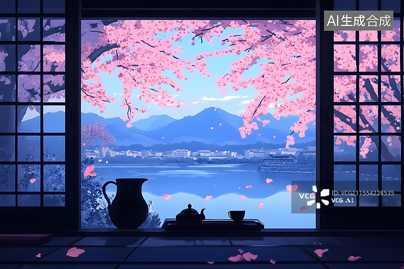 【AI数字艺术】古老的窗户外的樱花图片素材