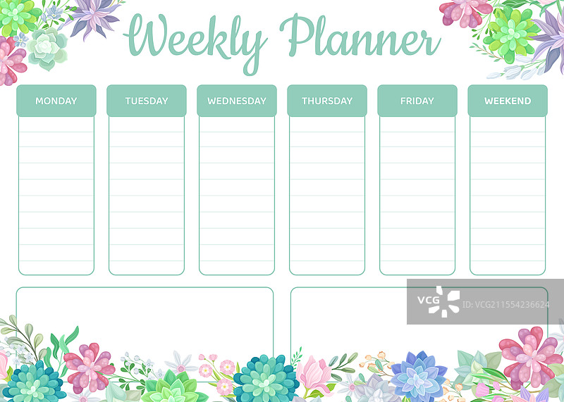 多肉植物风格的周计划设计，配有肉质绿色元素图片素材