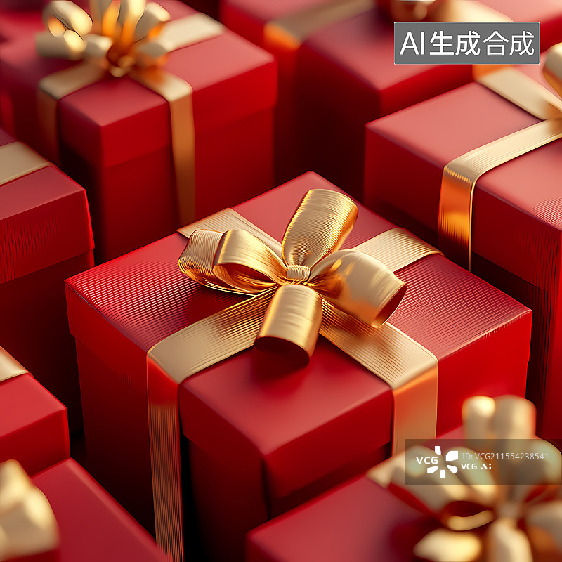 【AI数字艺术】红色礼盒配金色蝴蝶结排列图片素材