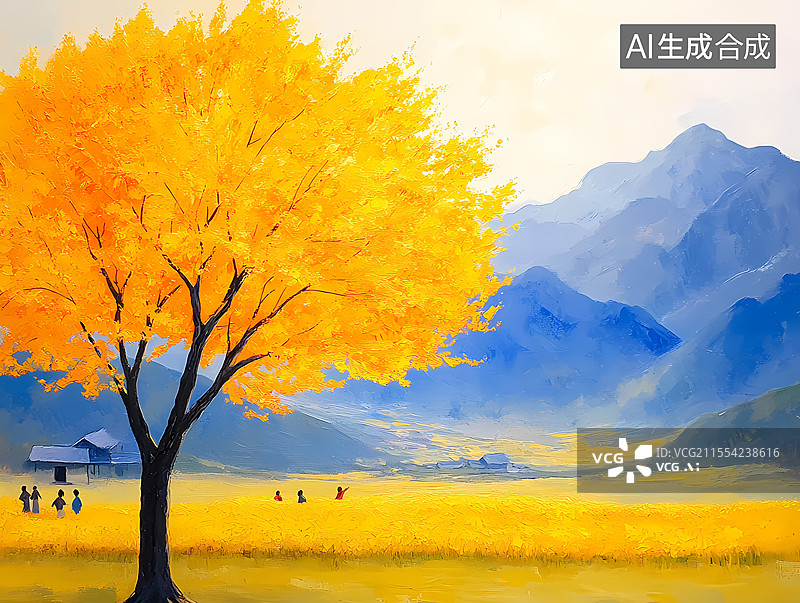 【AI数字艺术】秋日田野旁的金黄大树与人群图片素材