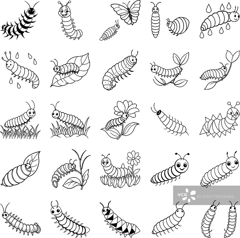 可爱的卡通毛毛虫、蝴蝶和昆虫图片素材