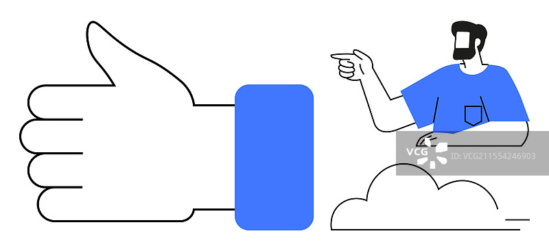 蓝色线条艺术中的竖起大拇指的手和指向的男人图片素材