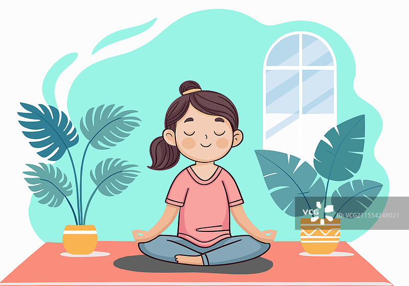 小女孩在莲花坐姿中冥想做瑜伽图片素材