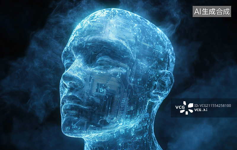 【AI数字艺术】一个充满未来科技感的场景。画面中，一个由电路板构成的人头轮廓在蓝色光线下显得格外醒目，图片素材
