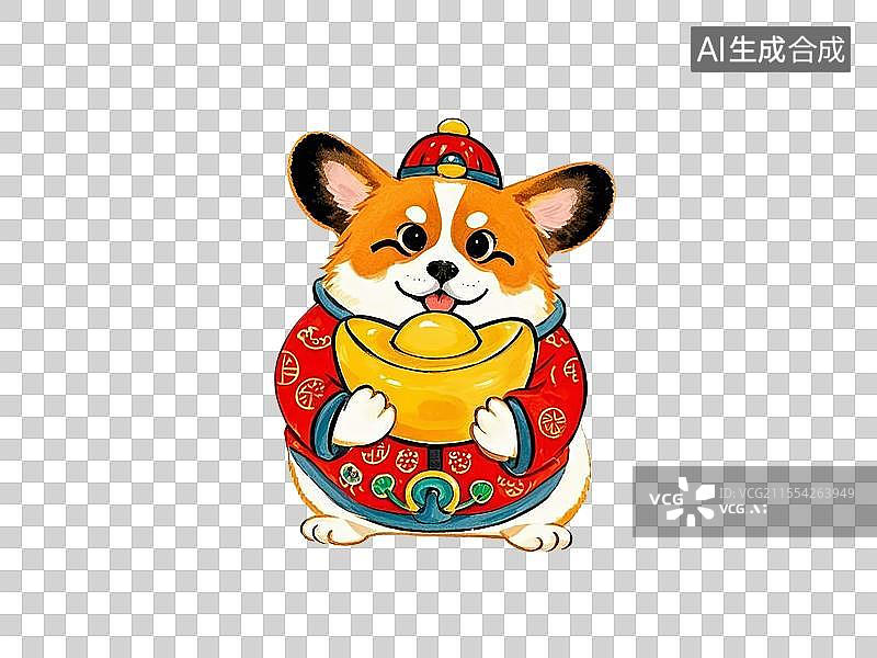 【AI数字艺术】穿着红色喜庆服装抱着金元宝的狗，手绘画风格图片素材